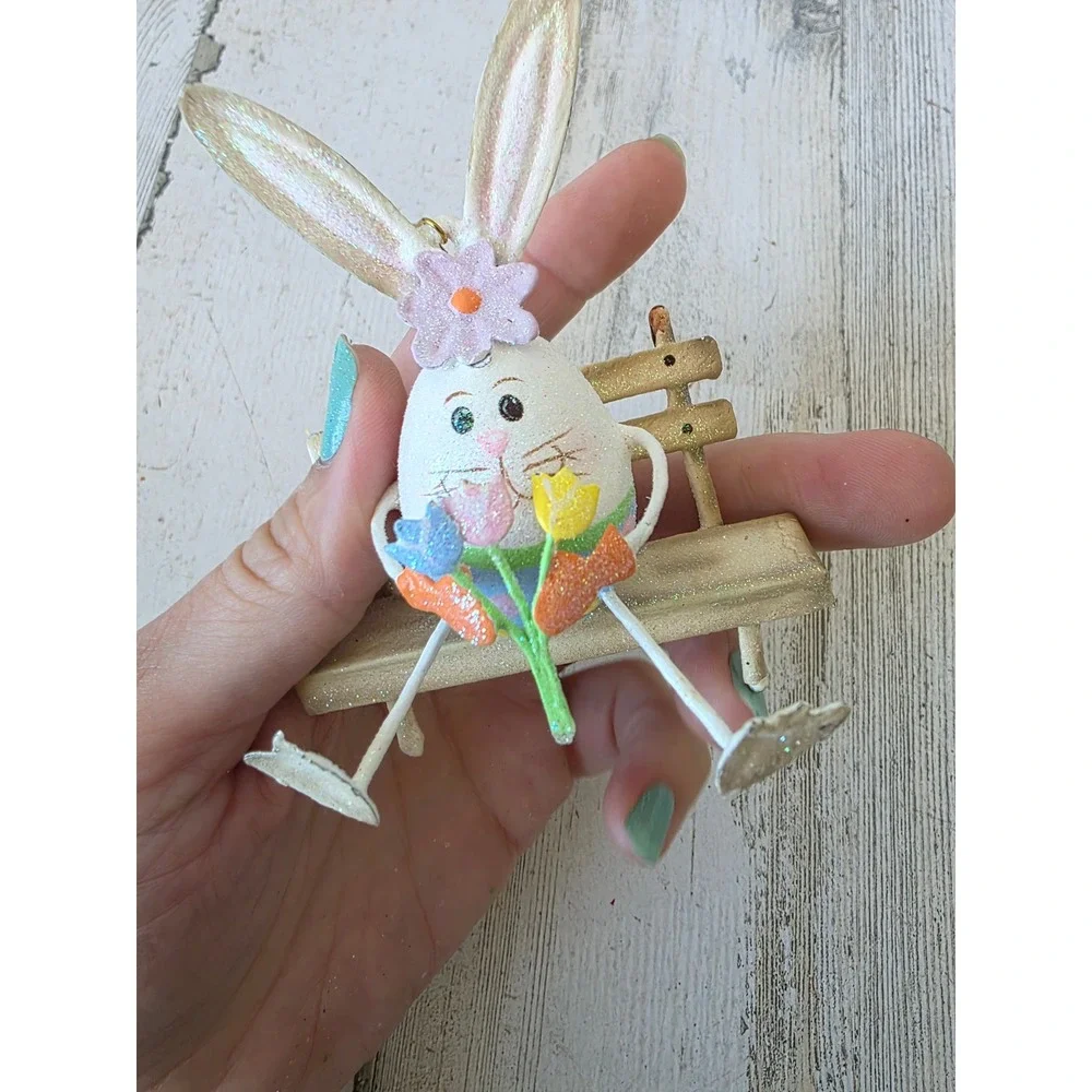 Vintage Pier 1 Easter Bunny bench RARE spring metal ornament glitter rabbit